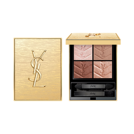 Couture Mini Clutch Collector palette shade 25 with textured gold case and embossed YSL logo, shown open and closed.