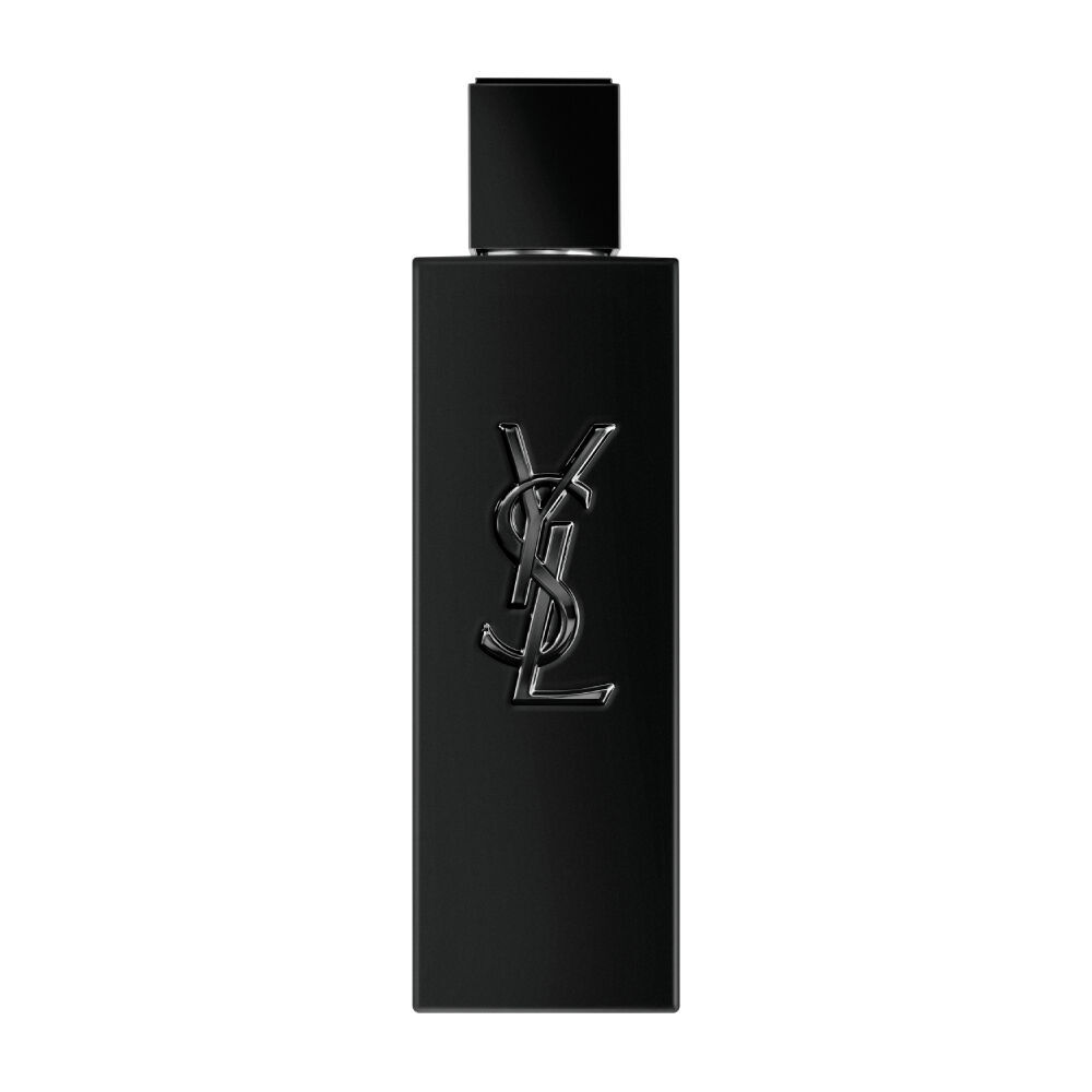 MYSLF Le Parfum, black matte bottle with black cap and metallic YSL Cassandre logo engraved on the glass.