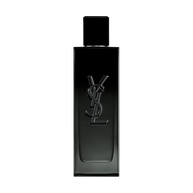A front-facing studio photograph of the sleek, black glass MYSLF Eau de Parfum bottle.