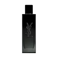 A front-facing studio photograph of the sleek, black glass MYSLF Eau de Parfum bottle.