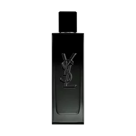 A front-facing studio photograph of the sleek, black glass MYSLF Eau de Parfum bottle.