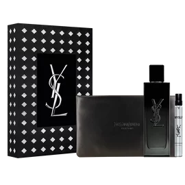 MYSLF Eau de Parfum Holiday set with fragrance bottle, travel size, and couture pouch in a YSL box.