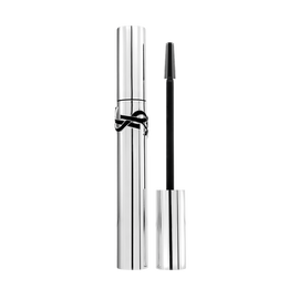 YSL Lash Latex Mascara, with a silver tube and black YSL logo, shown both closed and with the brush extended.