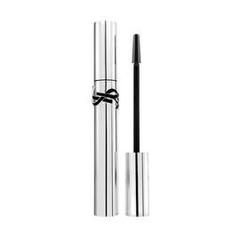 YSL Lash Latex Mascara, with a silver tube and black YSL logo, shown both closed and with the brush extended.