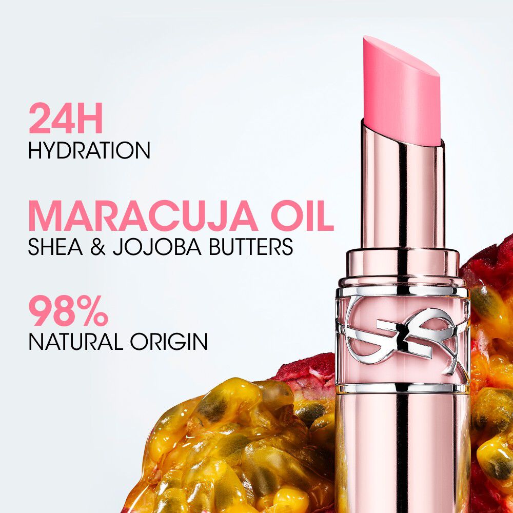 YSL LOVESHINE CANDY GLOW lip balm with maracuja oil, shea and jojoba butters ingredient visual.