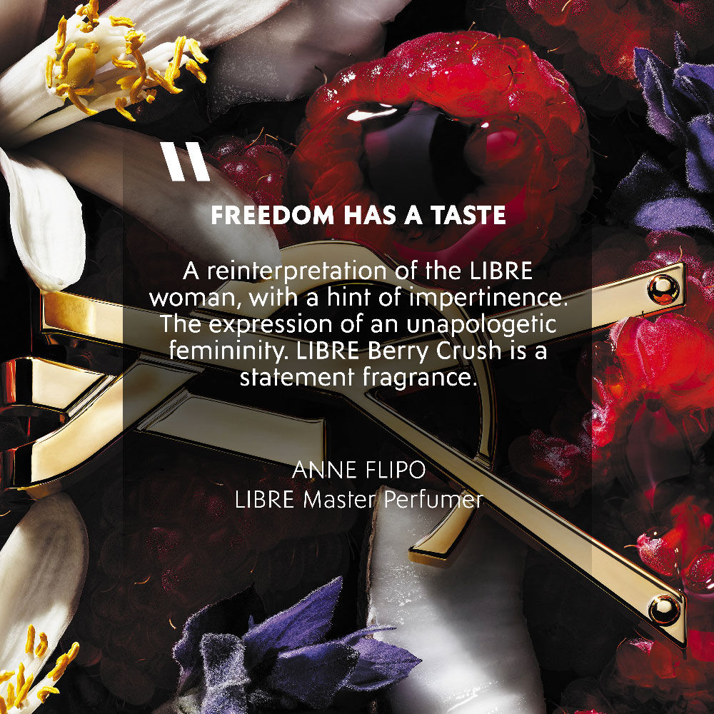 Libre Berry Crush raspberries-and-flowers background with the quote “Freedom has a taste” and a fragrance statement text.