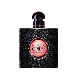 Black Opium Eau de Parfum in a black glitter bottle with a pink center, featuring the YSL logo.