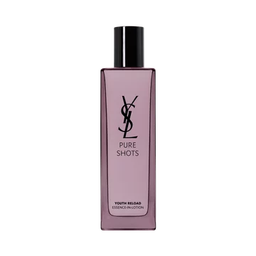 YSL Beauty Pure Shots Youth Reload Essence-in-Lotion, 150ml, in a tall purple-tinted glass bottle with black cap, reflected.