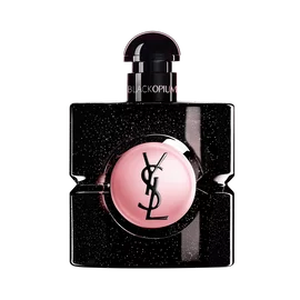Black Opium Eau de Parfum in a black glitter bottle with a pink center, featuring the YSL logo.