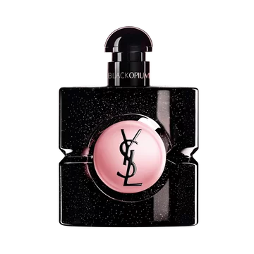 Black Opium Eau de Parfum in a black glitter bottle with a pink center, featuring the YSL logo.