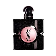 Black Opium Eau de Parfum in a black glitter bottle with a pink center, featuring the YSL logo.