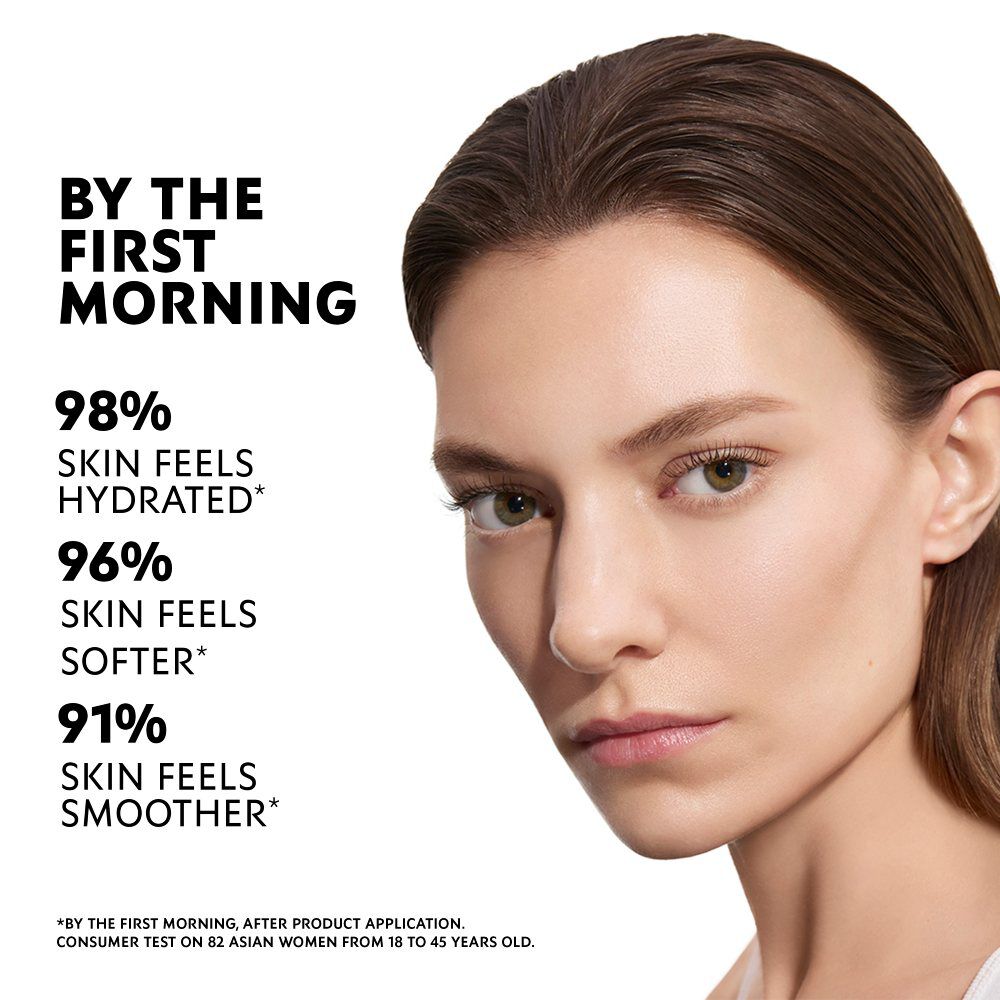 Marije, YSL Beauty model, with fair skin, showcasing hydrated and smoother skin with Pure Shots Essence claims.