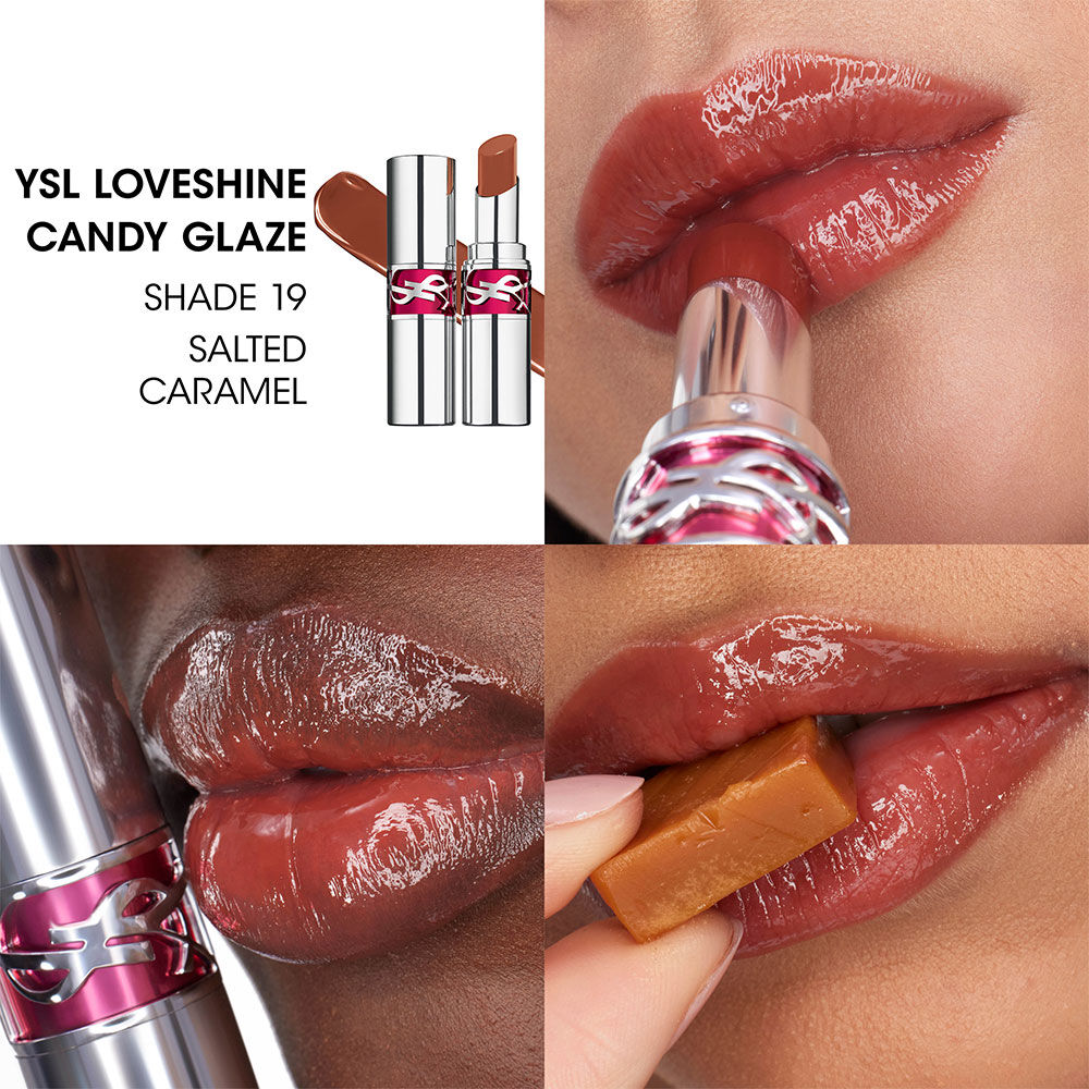 Models wearing YSL LOVESHINE CANDY GLAZE shade 19 Salted Caramel with glossy lips.