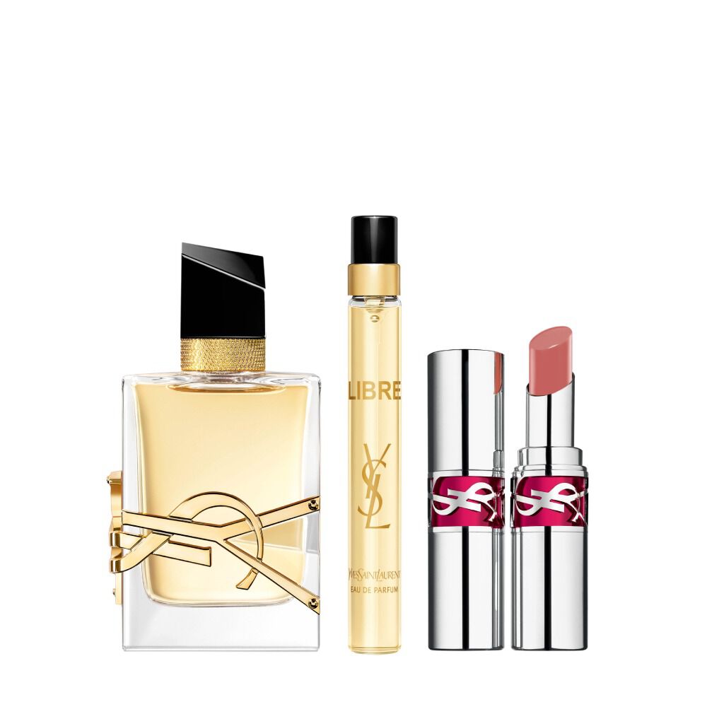 Libre Eau de Parfum 50 ml bottle beside a 10 ml travel spray and Loveshine Candy Glaze shade 15 on a white background.