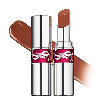 YSL LOVESHINE CANDY GLAZE packshot with open and closed silver tube in shade 19 Salted Caramel.