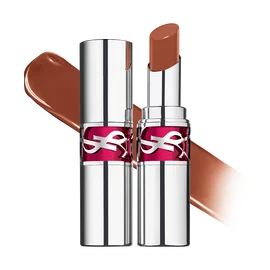 YSL LOVESHINE CANDY GLAZE packshot with open and closed silver tube in shade 19 Salted Caramel.