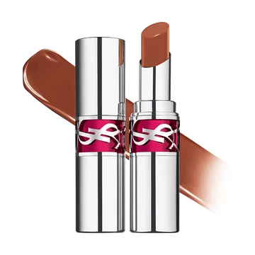 YSL LOVESHINE CANDY GLAZE packshot with open and closed silver tube in shade 19 Salted Caramel.