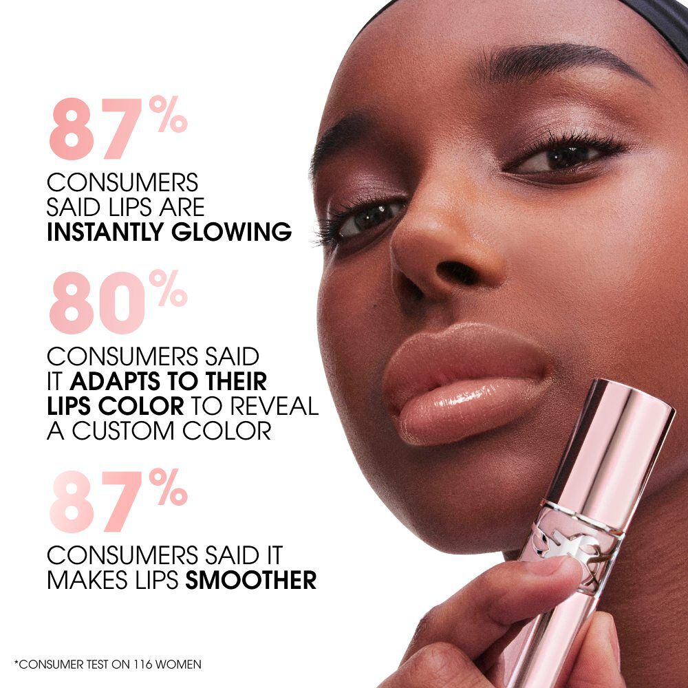 Model wearing YSL LOVESHINE CANDY GLOW lip balm with instant glow and smoother lips.