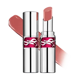 YSL LOVESHINE Candy Glaze in shade 15, packshot showing opened and closed, highlighting its vibrant fuchsia and silver casing