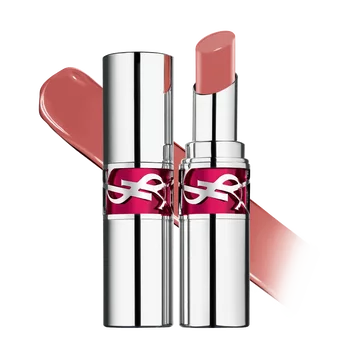 YSL LOVESHINE Candy Glaze in shade 15, packshot showing opened and closed, highlighting its vibrant fuchsia and silver casing