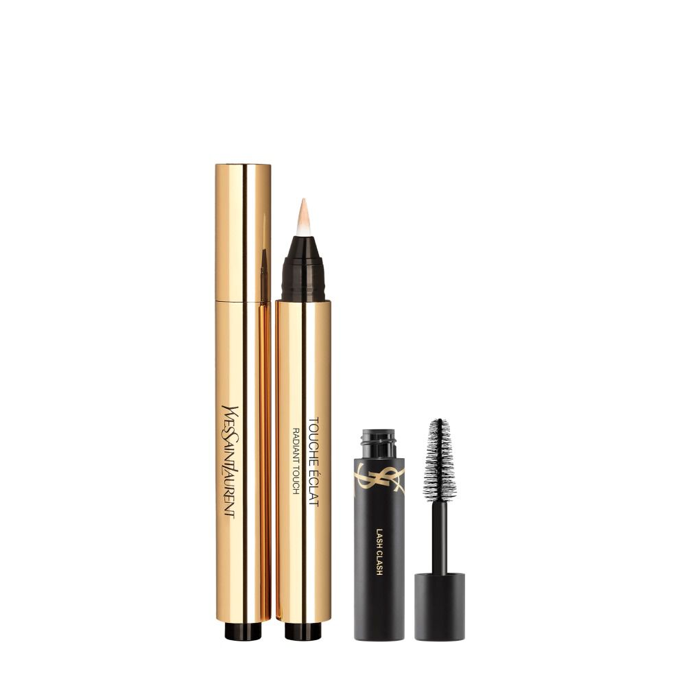 Touche Eclat Stylo shade 02 beside a mini Lash Clash mascara on a white background.