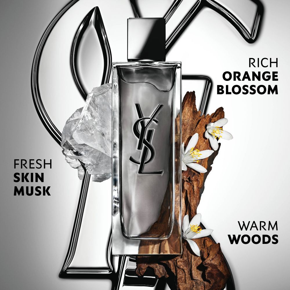 MYSLF Eau de Toilette Intense bottle by YSL Beauty surrounded by orange blossom, woods and white musk with claims.