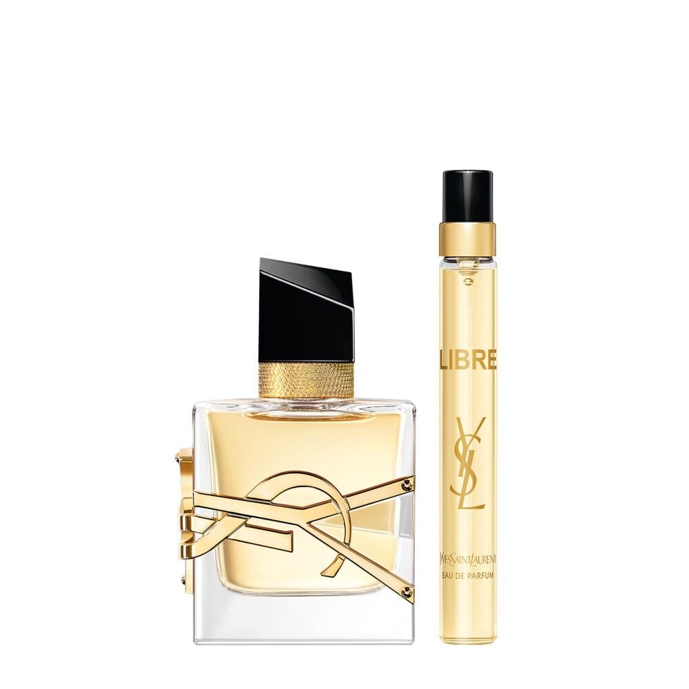 Libre Eau de Parfum 30 ml bottle beside a 10 ml travel spray on a white background.
