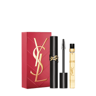YSL Lash Clash Spring Set with gift box, Lash Clash mascara and Libre Eau de Parfum 10 ml travel spray on a white background.
