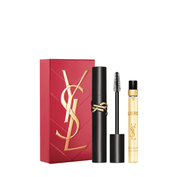 YSL Lash Clash Spring Set with gift box, Lash Clash mascara and Libre Eau de Parfum 10 ml travel spray on a white background.