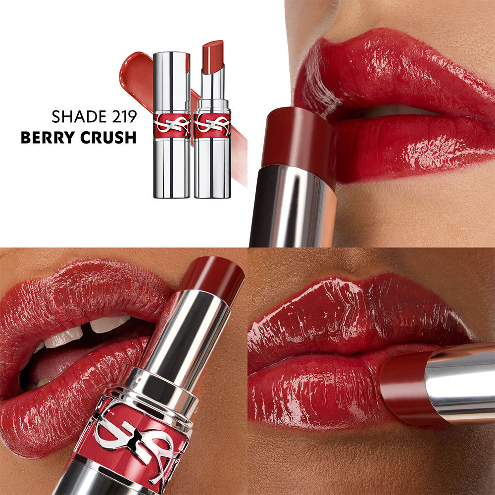 Models Veerle, Mawena, and Zahara showcase YSL Loveshine Lipstick in shade 219 Berry Crush on diverse skin tones.