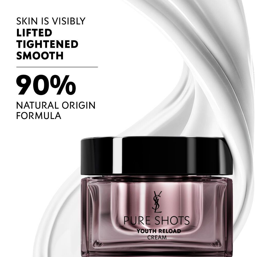 YSL Beauty Pure Shots Youth Reload cream jar with swirling texture, highlighting smooth, plumped skin claims.