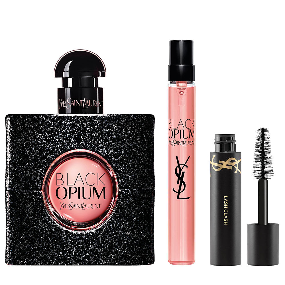 Black Opium Eau de Parfum 50 ml bottle beside a 10 ml travel spray and mini Lash Clash mascara on a white background.