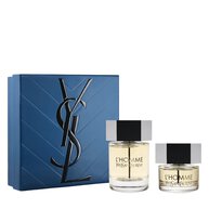 YSL L’Homme Eau de Toilette Duo Spring Set with blue gift box, L’Homme EDT 100 ml bottle and 40 ml bottle on a white background.