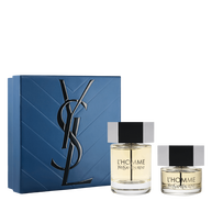 YSL L’Homme Eau de Toilette Duo Spring Set with blue gift box, L’Homme EDT 100 ml bottle and 40 ml bottle on a white background.
