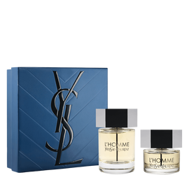 YSL L’Homme Eau de Toilette Duo Spring Set with blue gift box, L’Homme EDT 100 ml bottle and 40 ml bottle on a white background.