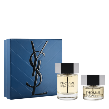 YSL L’Homme Eau de Toilette Duo Spring Set with blue gift box, L’Homme EDT 100 ml bottle and 40 ml bottle on a white background.