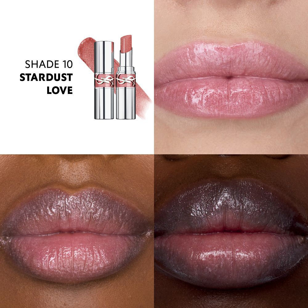 YSL LOVESHINE Lipstick shade 10 Stardust Love, product and swatch,  with close-ups of three diverse models' lips.