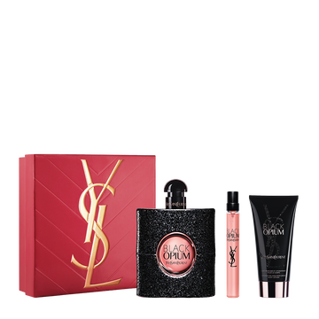 YSL Black Opium Routine Spring Set with gift box, Black Opium Eau de Parfum 90 ml, 10 ml travel spray and body lotion 50 ml on a white background.