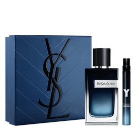 YSL Y Father's Day gift set: blue box, Y Eau de Parfum 60ml and 10ml bottles, fresh and bold fragrance.