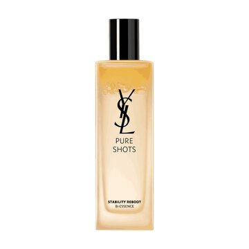 YSL Pure Shots Stability Reboot Bi-Essence 150ml packshot, front view, clear bottle with bi-phase golden liquid.