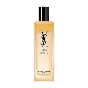 YSL Pure Shots Stability Reboot Bi-Essence 150ml packshot, front view, clear bottle with bi-phase golden liquid.