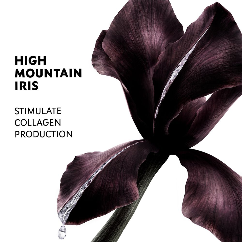YSL Beauty Pure Shots Youth Reload Serum & Cream with dark iris flower, highlighting skin reshaping claims.