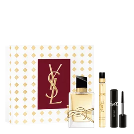 LIBRE Eau de Parfum Holiday set with full-size bottle, travel spray, and mini mascara in a YSL gift box. 