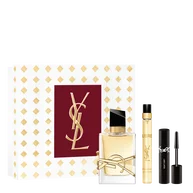 LIBRE Eau de Parfum Holiday set with full-size bottle, travel spray, and mini mascara in a YSL gift box.