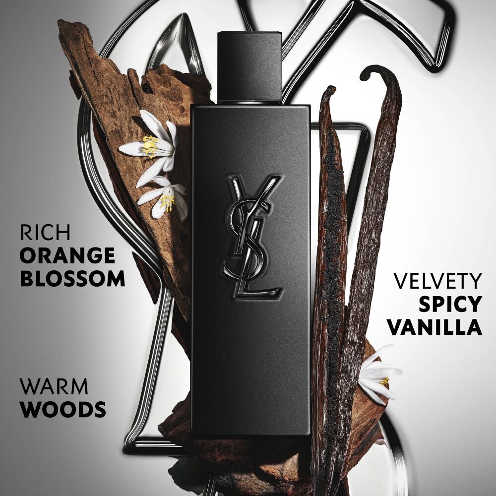 MYSLF Le Parfum matte black bottle by YSL Beauty surrounded by vanilla pods, orange blossom and woods with claims.
