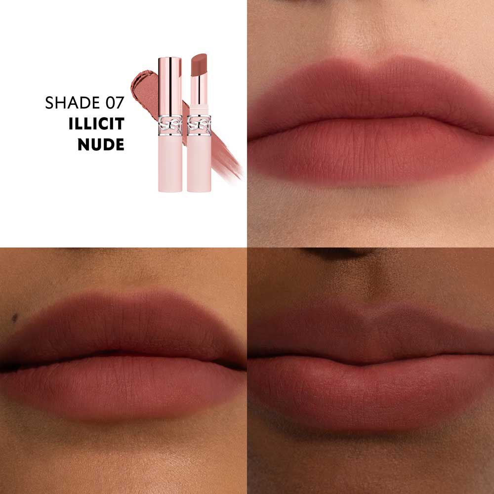 YSL LOVENUDE Lip Blusher, shade 7. Multiframe close-up of lips wearing the product.