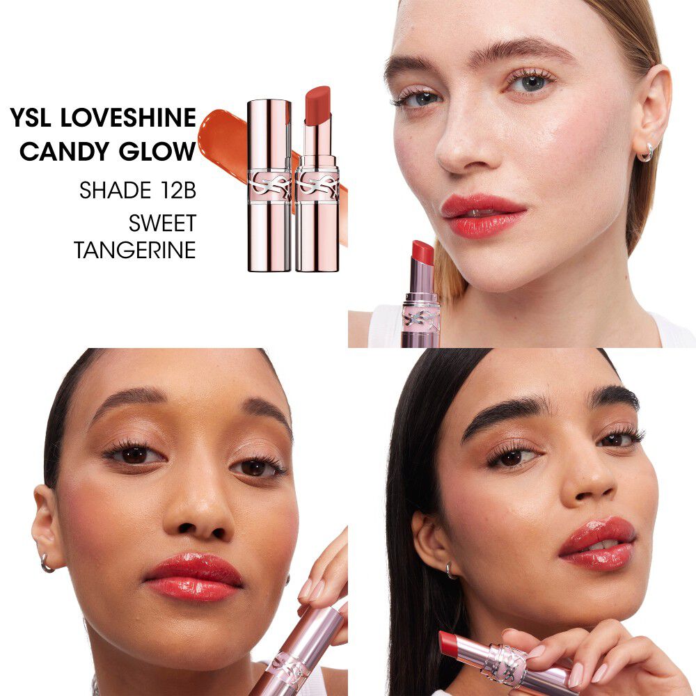 Models wearing YSL LOVESHINE CANDY GLOW lip balm shade 12B Sweet Tangerine showing a glossy finish on different skin tones.