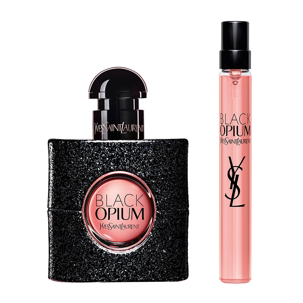 Black Opium Eau de Parfum 30 ml bottle beside a 10 ml travel spray on a white background.