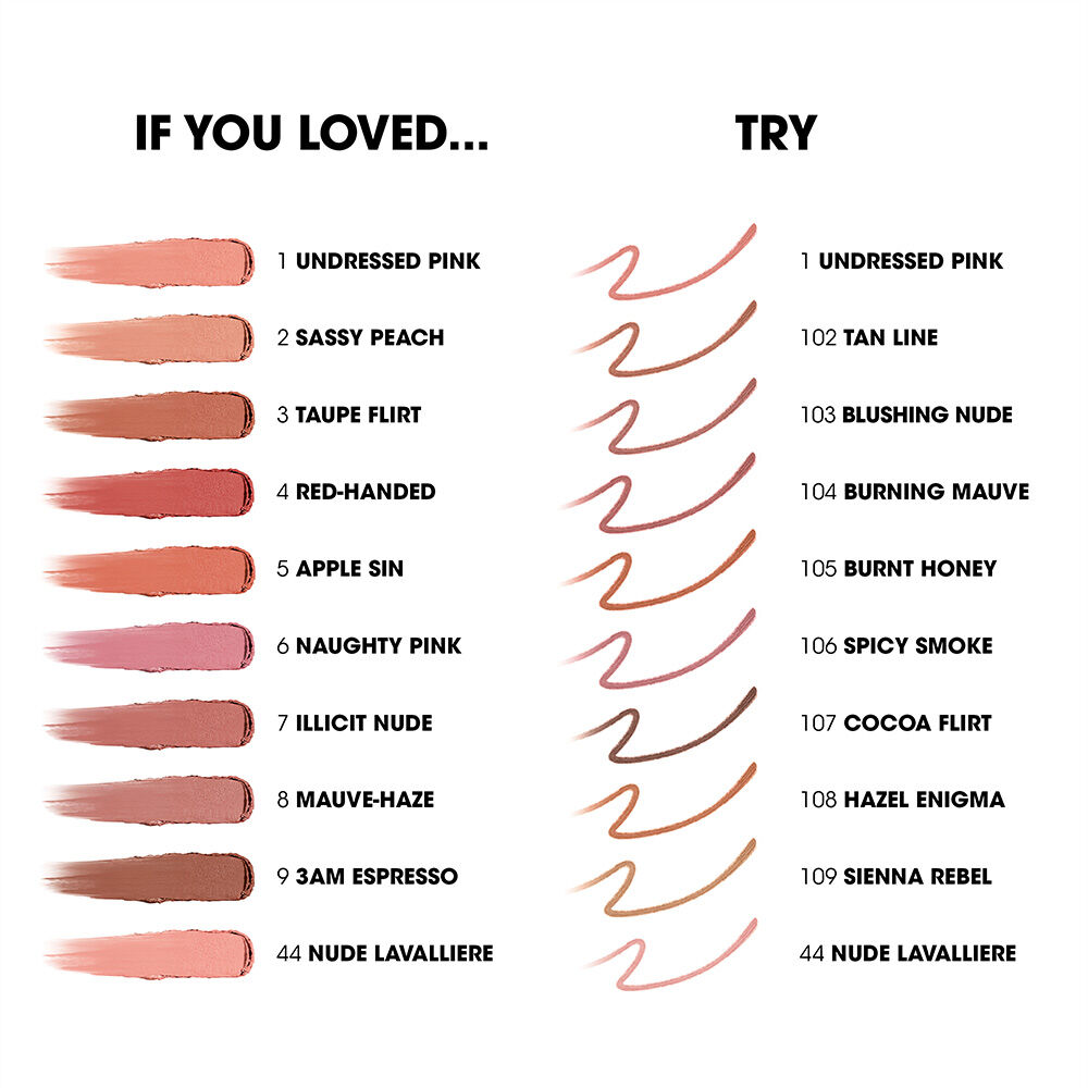 YSL LOVENUDE KISS SHAPER shade guide showing nude swatches with names and color comparisons.