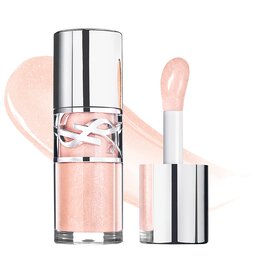 YSL LOVESHINE Plumping Gloss in 'Stardust Love' shade 10, with applicator and a shimmering texture swatch.